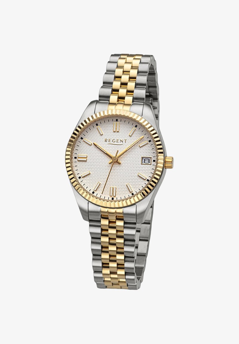 Montre en acier inoxydable argent et or avec un cadran texturé argenté, des accents dorés et un affichage de la date. Elle comporte une lunette striée et un bracelet à maillons.