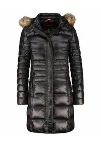 Svart puffjacka med en fuskpälsluva, kviltad textur, dragkedja framtill och två sidofickor. Har en slät, glänsande yta.