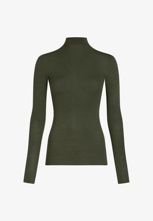 Top de manga larga, cuello alto, de color verde oliva. Hecho de material suave con un diseño ajustado y textura lisa. Sin patrones visibles ni herrajes.