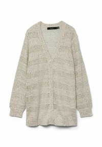 Cardigan lavorato a maglia con scollo a V di colore beige chiaro, con motivi traforati intricati, cinque bottoni e sottili riflessi scintillanti.