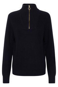 Pull en maille marine avec col montant, doté d'une fermeture éclair dorée dans le dos et de poignets côtelés. Tissu texturé et chaud avec une coupe ample.