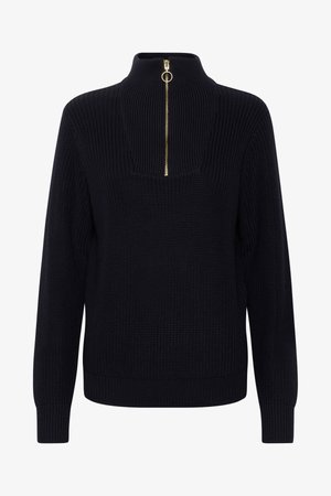 Mørkeblå striktrøje med høj krave, med en guld lynlås bagpå og ribstrikkede manchetter. Tekstureret, varmt stof med en boxy pasform.