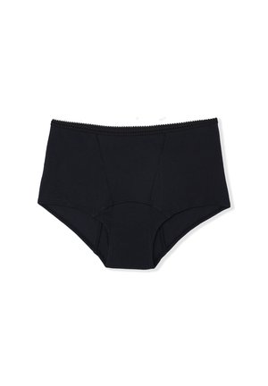 Black high-waisted underwear made of ribbed fabric, featuring a scalloped elastic waistband and seamless design for comfort and support.