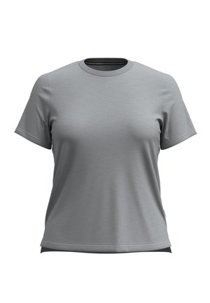 Schlichtes hellgraues T-Shirt mit kurzen Ärmeln und Rundhalsausschnitt, Vorderansicht, glatter Stoff mit leichten Falten, vor weißem Hintergrund angezeigt.