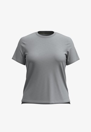 Schlichtes hellgraues T-Shirt mit kurzen Ärmeln und Rundhalsausschnitt, Vorderansicht, glatter Stoff mit leichten Falten, vor weißem Hintergrund angezeigt.