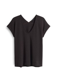 Top noir en maille à manches courtes avec un profond décolleté en V et une coupe légèrement carrée, présenté sur fond blanc.