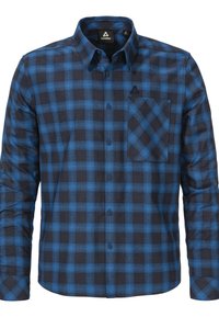 Blau und schwarz karierter Flanellhemd mit Knopfverschluss, langen Ärmeln und einer Brusttasche mit passendem Karodessin.