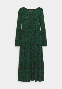 Vestido verde de manga larga con patrón floral negro, escote redondo, diseño en capas y textura suave.
