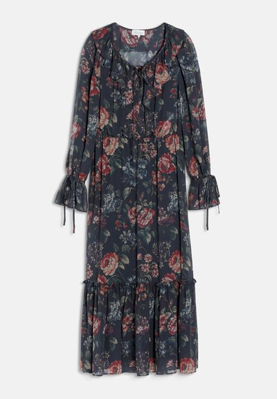Robe longue sombre à motif floral avec col volanté, liens à l'encolure et aux poignets, manches longues et ourlet volanté.
