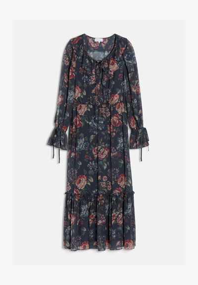Robe longue sombre à motif floral avec col volanté, liens à l'encolure et aux poignets, manches longues et ourlet volanté.