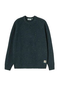 Maglione a maglia blu scuro con scollatura rotonda, polsini e orlo a coste, caratterizzato da piccole macchie multicolori e un piccolo logo del marchio sul lato inferiore.