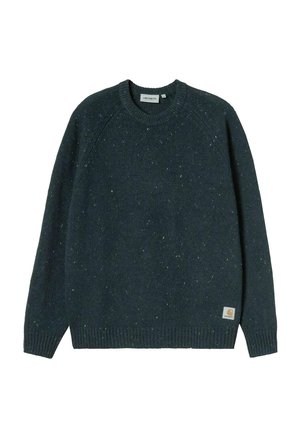 Suéter de punto azul marino oscuro con un cuello redondo, puños y dobladillo acanalados, con manchas multicolores y un pequeño logo de la marca en el lado inferior.