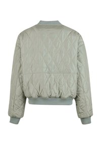 Giacca bomber trapuntata di colore verde chiaro, con colletto e polsini a costine, vita elasticizzata e una texture liscia e lucida.