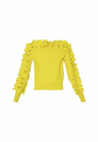 Pull jaune à manches longues avec détails volantés le long de l'encolure avant et des manches, poignets ajustés et ceinture.