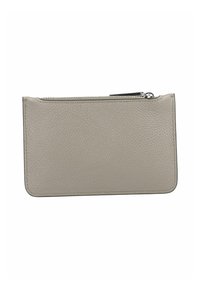 Gray leather pouch with a textured surface, rectangular shape, and a top zipper closure. Features a smooth edge and minimalistic design.