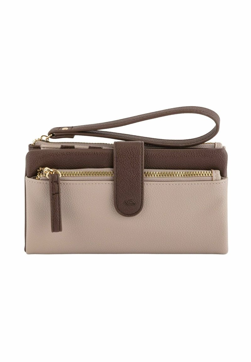 Cartera de muñeca de cuero beige y marrón con múltiples compartimentos con cremallera, un cierre de botón a presión y una correa para la muñeca. Acentos en hardware dorado.