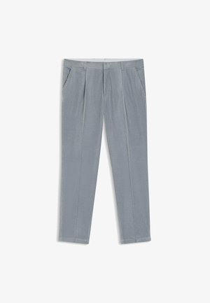 Pantalons en velours côtelé gris clair avec une coupe droite, dotés de deux poches latérales et de rayures verticales visibles dans la texture du tissu.