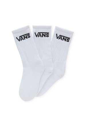 Witte katoenen crew sokken met ribbelstructuur en zwart geborduurd "VANS" logo op de bovenkant, verpakt als een set van drie paren.