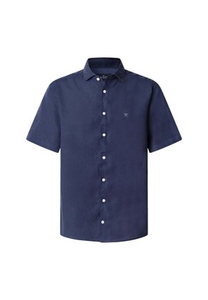 Navy blue short-sleeve shirt in linen fabric. Button-down front with white buttons. Features a small logo emblem on the left chest.
