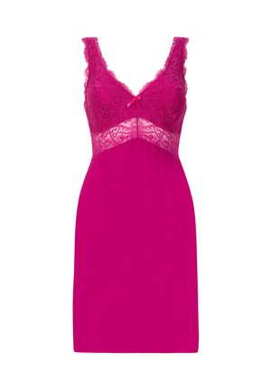 Rosa Spitzennegligee mit V-Ausschnitt, verstellbaren Trägern und einer Schleifendetail in der Mitte. Verfügt über einen transparenten Spitzenkorpus und einen glatten Rock.