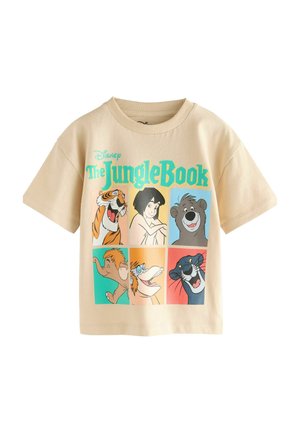 Beige-T-Shirt mit kurzen Ärmeln, das ein farbenfrohes Cartoon-Motiv mit Charakteren aus "Das Dschungelbuch" zeigt, die in einem Rastermuster angeordnet sind.