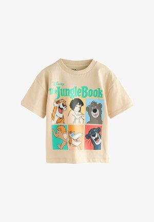 Camiseta de algodón beige con un gráfico de "El Libro de la Selva". Seis coloridos personajes de dibujos animados en un patrón de cuadrícula en la parte delantera.