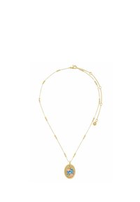 Gold-tone necklace with an oval pendant featuring floral motifs in blue and pink, intricate bead details along the chain.