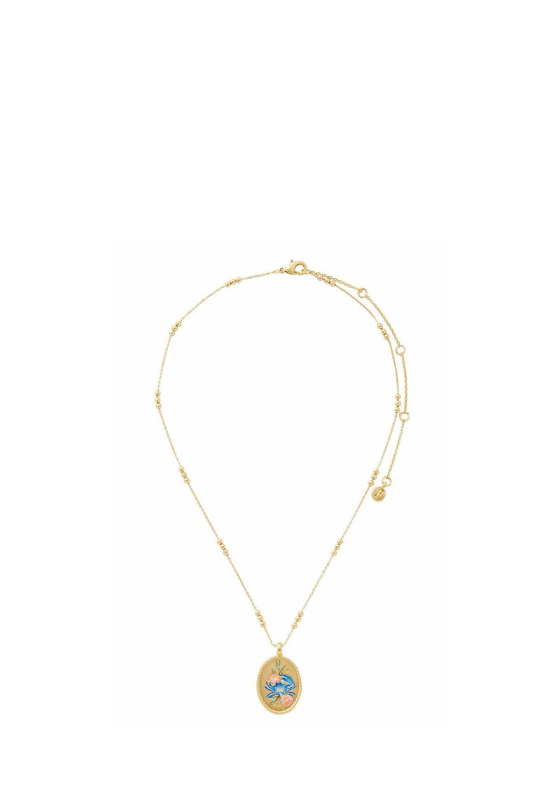 Gold-tone necklace with an oval pendant featuring floral motifs in blue and pink, intricate bead details along the chain.