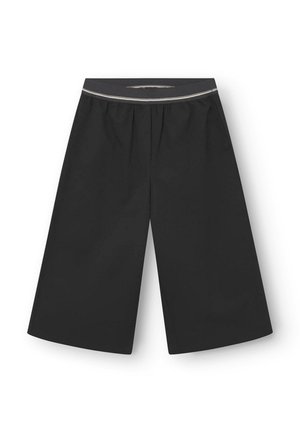 Zwarte wijde broek gemaakt van lichtgewicht stof. Voorzien van een elastische tailleband met een subtiele decoratieve streep. Gladtextuur, zonder zakken.