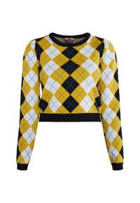 Sárga, fekete és fehér argyle mintás hosszú ujjú pulóver fekete kerek nyakkal, mandzsettával és derékrésszel.