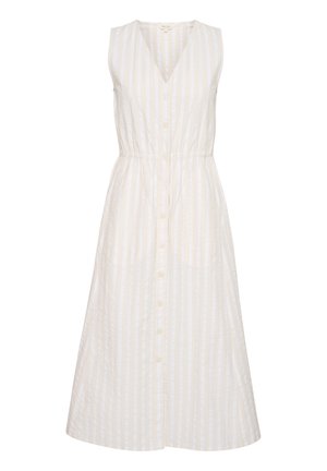 Abito senza maniche, con bottoni e scollatura a V, realizzato in un tessuto leggero con righe verticali bianche e giallo pallido, arricciato in vita.