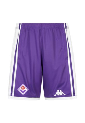 Pantaloncini sportivi viola con righe laterali bianche, elastico in vita, due tasche e loghi davanti vicino all’orlo.