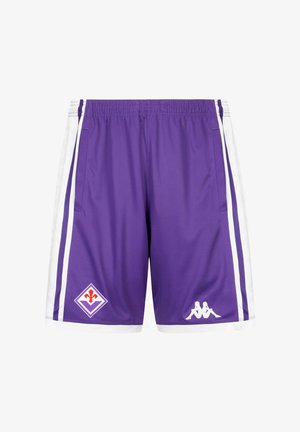Pantaloncini sportivi viola con righe laterali bianche, elastico in vita, due tasche e loghi davanti vicino all’orlo.