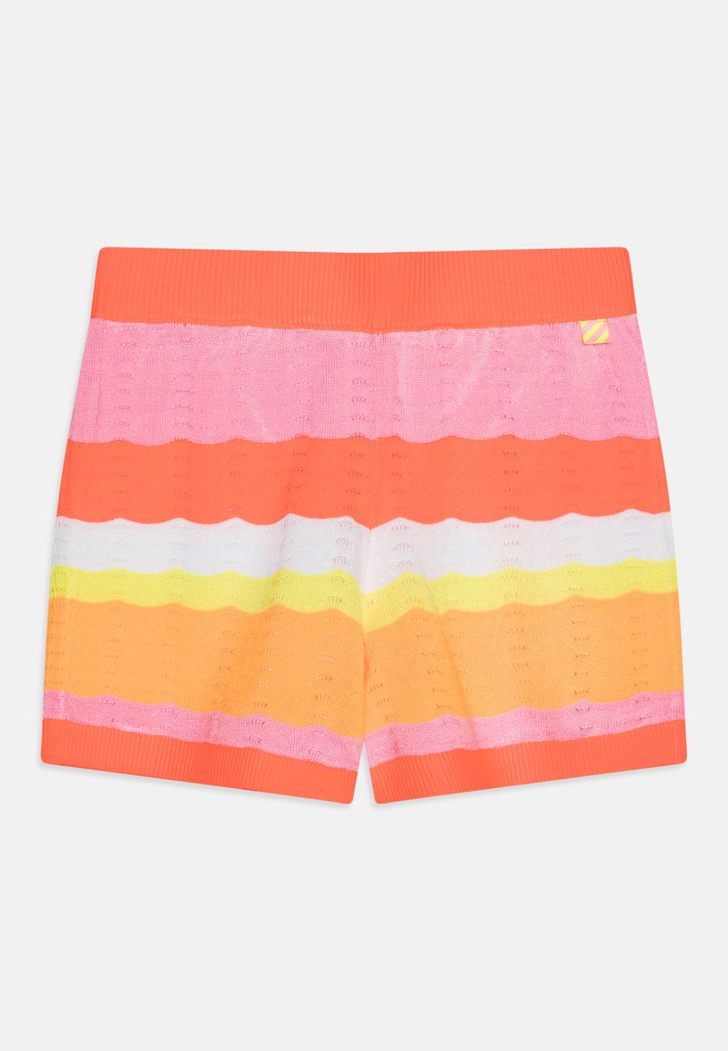 Neulehousut, joissa on vaakasuoria raitoja oranssina, vaaleanpunaisena, valkoisena ja keltaisena, sekä teksturoitu kuvio. Vyötäröllä on ribbikuvio ja pieni logo.