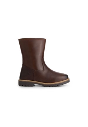 Dark brown leather mid-calf boot with round toe, flat sole, and light brown stitching above a ridged rubber outsole.