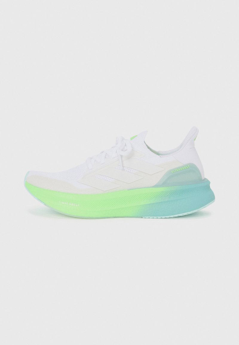 White athletic shoe with lace-up front and gradient sole blending green into blue, featuring a sleek, modern design for running.