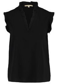 Schwarze Bluse mit V-Ausschnitt, Rüschendetails und kurzen Ärmeln. Glatte Textur und lockere Passform, geeignet für legere oder formelle Anlässe.