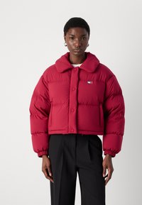 Κόκκινο φου�σκωτό cropped μπουφάν με μεγάλο γιακά και κουμπί κλεισίματος, διαθέτει ελαστικούς καρπούς και μια μικρή ετικέτα λογότυπου στην αριστερή πλευρά.