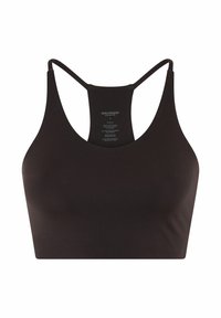 Zwarte naadloze sportbeha met racerback-ontwerp, dunne bandjes en een bedrukt wasvoorschrift binnenin het midden van het achterpaneel.