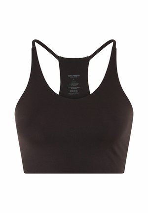 Crna sportska majica bez šavova s dizajnom u obliku leđne trake, tankim naramenicama i tiskanim naljepnicama za njegu unutar središnjeg stražnjeg panela.