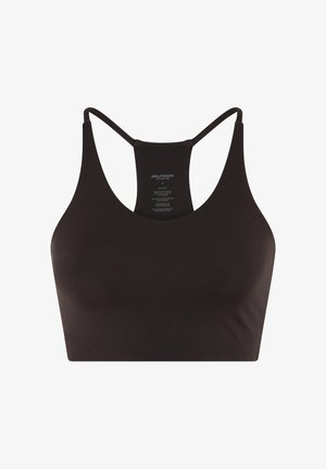 Brassière de sport noire sans coutures avec design dos nageur, bretelles fines, et étiquette d'entretien imprimée à l'intérieur du panneau central du dos.
