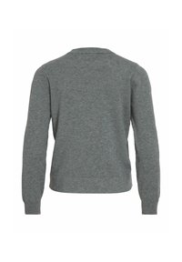 Pull gris à manches longues en maille, avec un col rond, des poignets côtelés et un ourlet droit, présenté de dos.