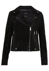 Giacca da biker in pelle scamosciata nera con zip asimmetrica, tasche con zip e bottoni a pressione, e ampi rever.