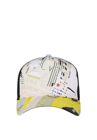 Cap mit einem strukturierten schwarzen Mesh-Rücken, buntem Grafikdruck mit Text und Formen sowie einer gebogenen Krempe mit gelb-grünem Design.