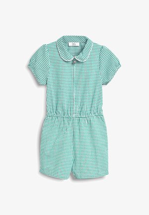 Mono corto de manga corta con estampado de cuadros vichy en verde y blanco, cintura elástica, cuello bebé y cremallera frontal con tirador floral.