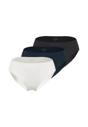 Trois culottes sans couture pour femmes en noir, bleu marine et blanc, disposées côte à côte, taille moyenne.