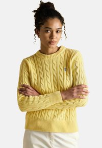 Moteris su garbanotais plaukais sukryžiuotais rankomis, vilkinti geltoną megztinį su pynėmis ir kreminės spalvos kelnes, prieš baltą foną.