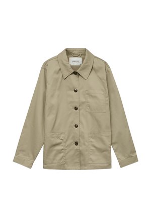 Veste en coton kaki avec un col pointu, une fermeture à boutons à l'avant, deux poches avant et une poche poitrine unique ; texture lisse.