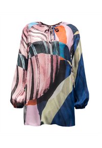 Blouse multicolore à coupe loose, avec des manches bouffantes longues, un col rond et un détail à nouer. Présente des motifs abstraits en rose, bleu et vert.