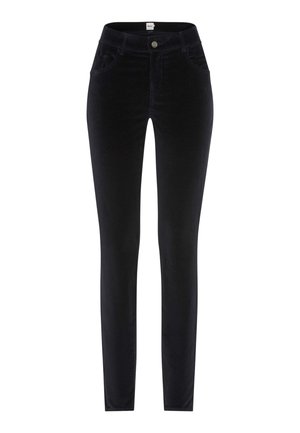 Schwarze Samt-Skinny-Hosen mit Taschen, eng anliegendem Design, glatter Textur und einem Knopfverschluss an der Taille.